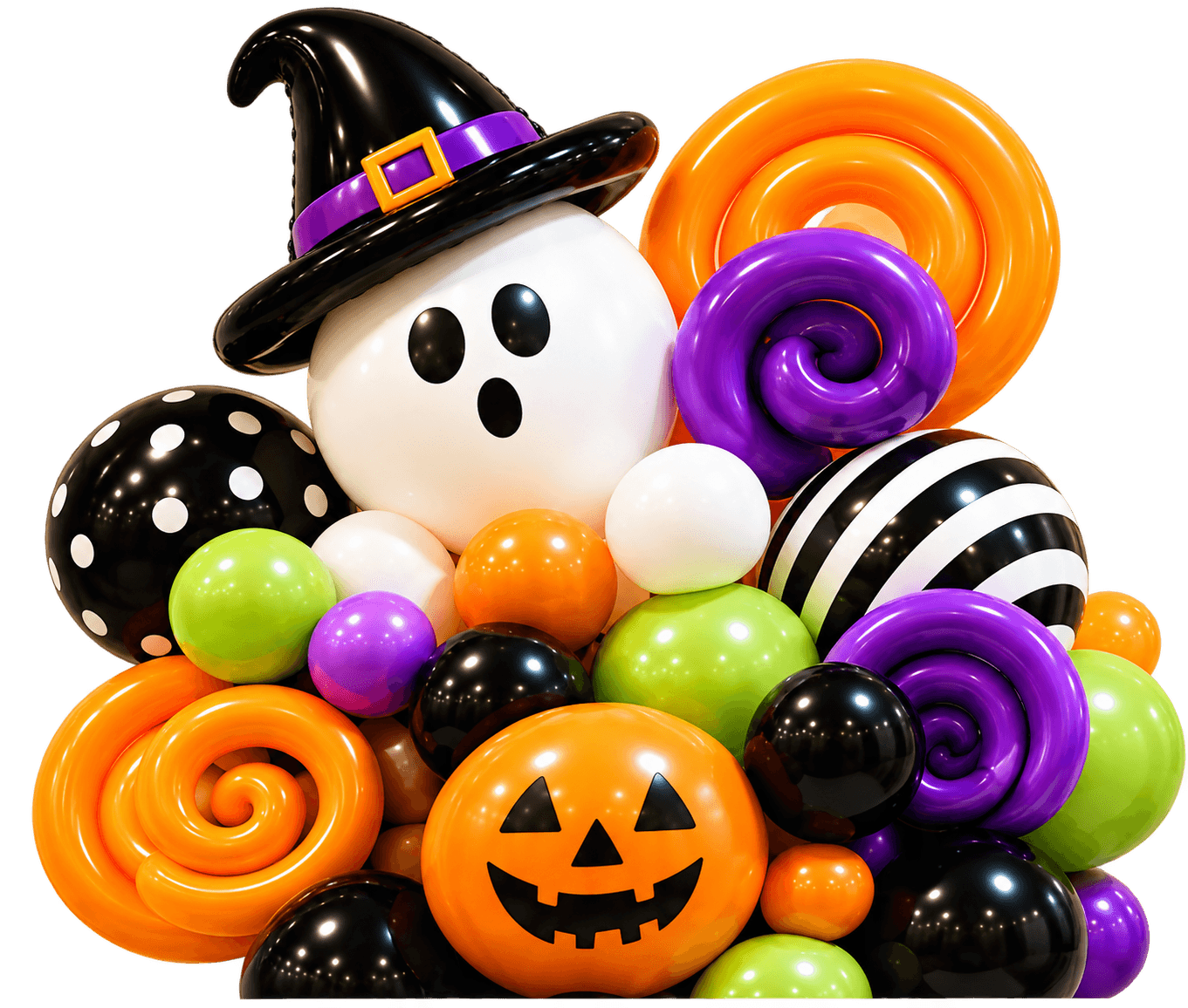Halloween balloon design featuring a ghost, pumpkin and colorful balloons