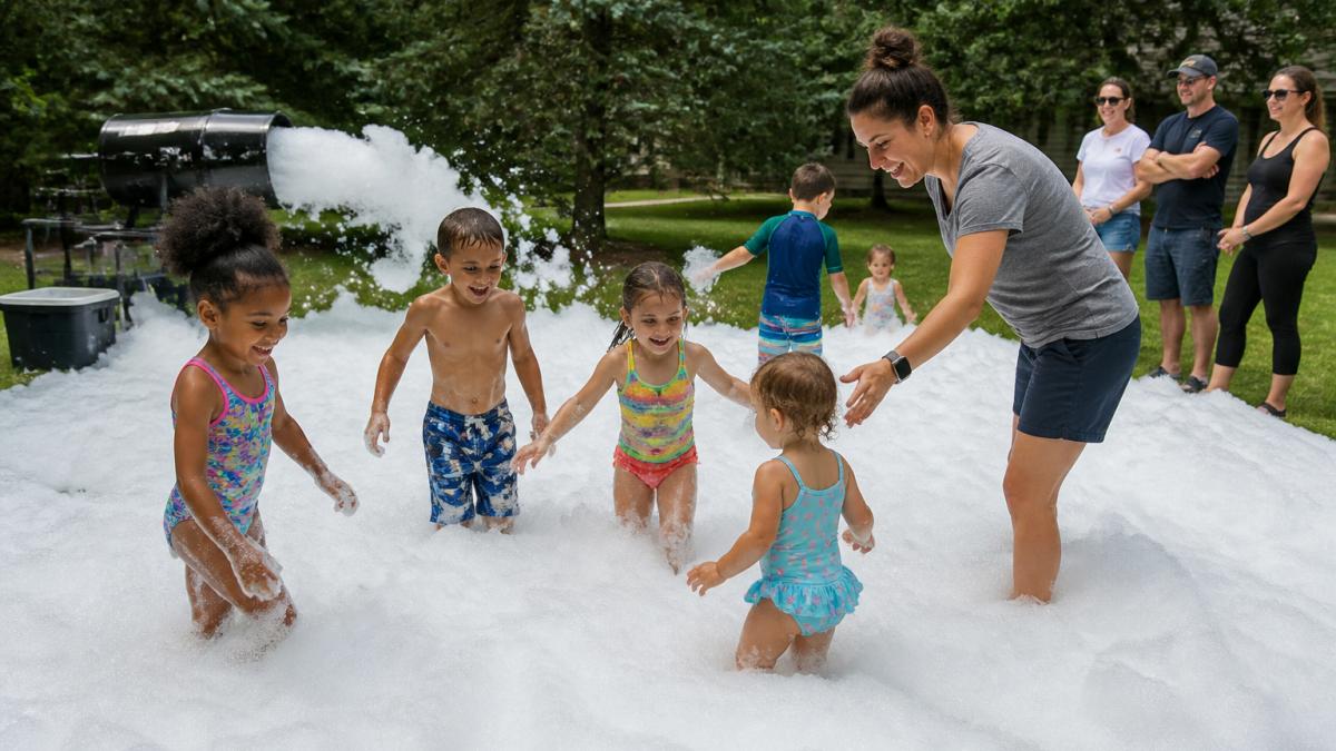 An adult supervising a group of children of different ages playing in a shallow layer of white foam on a grassy backyard lawn, with a foam machine visible in the background and parents standing at the edge of the play area